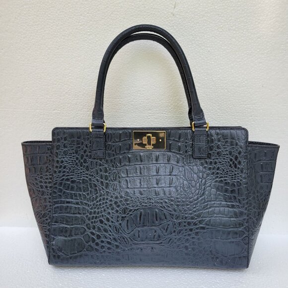 Kate Spade New York Orchard Valley Croc Kelsey Black Leather Tote Bag With Gold - Picture 1 of 16
